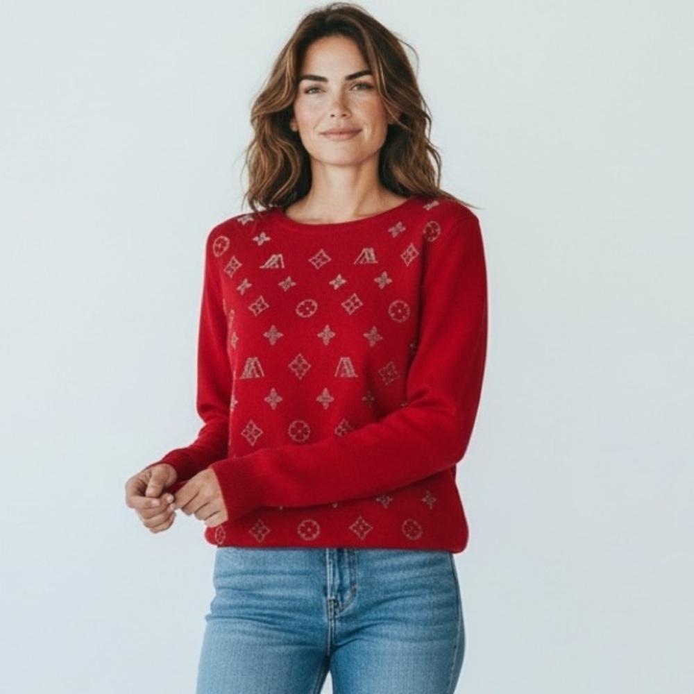 Elegant Designer Red Women's Sweater with Silver Accents